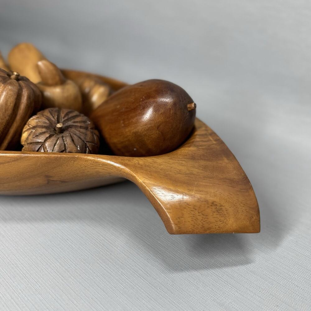Vintage Retro MCM Carved Bowl Wooden Vegetable Fruit 10 Piece Set Fall Cottage - Picture 3 of 16